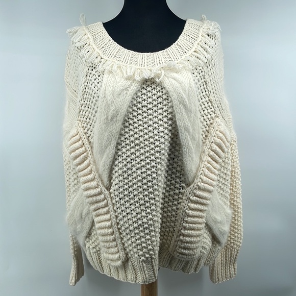 Nine West cream wool blend chunky knit sweater boho fringe sweater sz lg - Picture 11 of 12